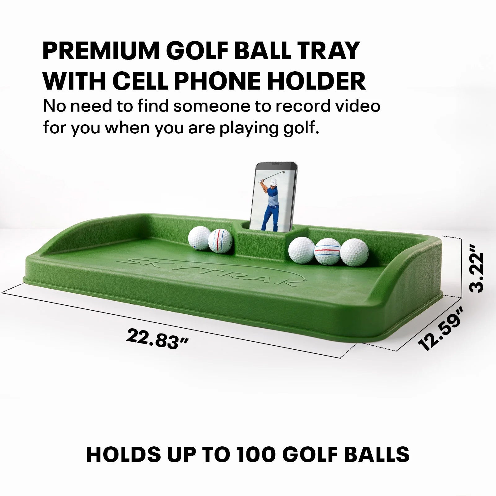 Golf Ball Tray with Cell Phone Holder for Golf Simulators, Golf Hitting Nets, and Golf Hitting Mats
